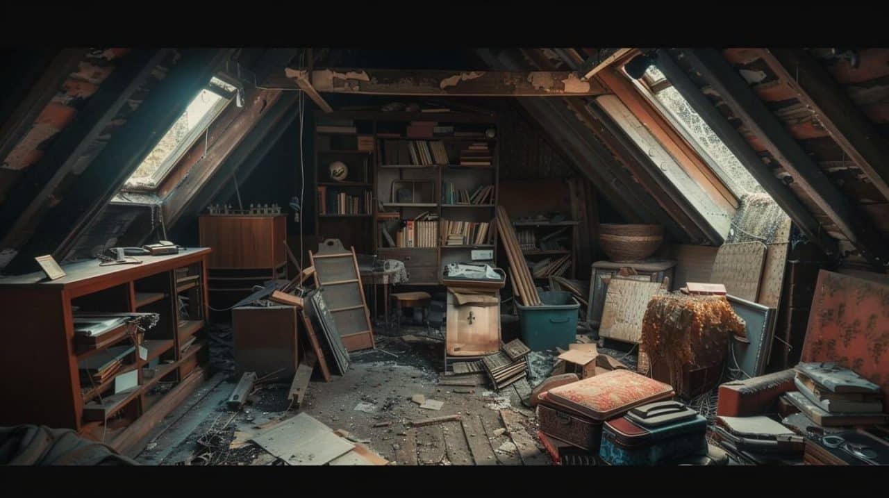 A cluttered and dirty old attic