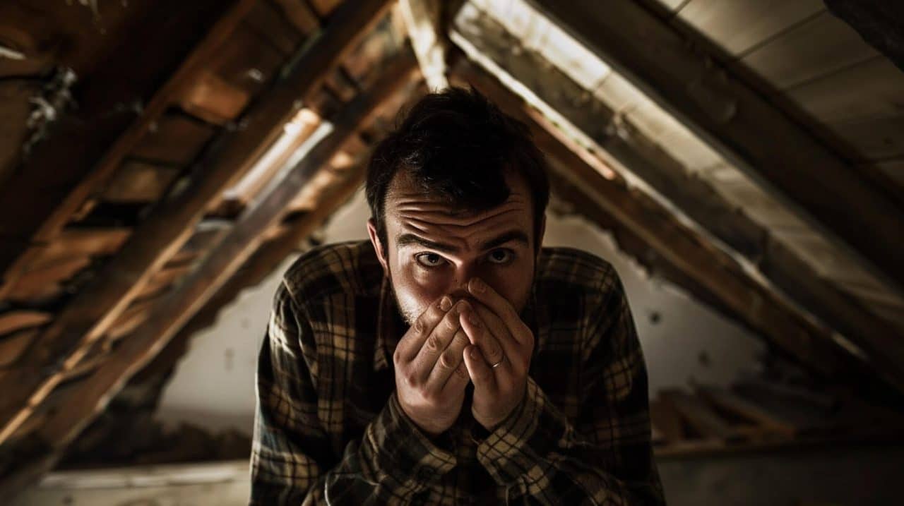 A man covering his nose with fingers in a smelly attic