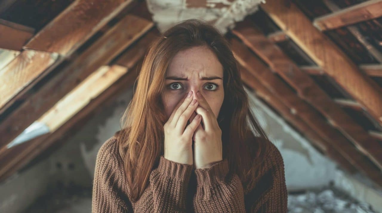 A woman covering her nose in an old and smelly attic