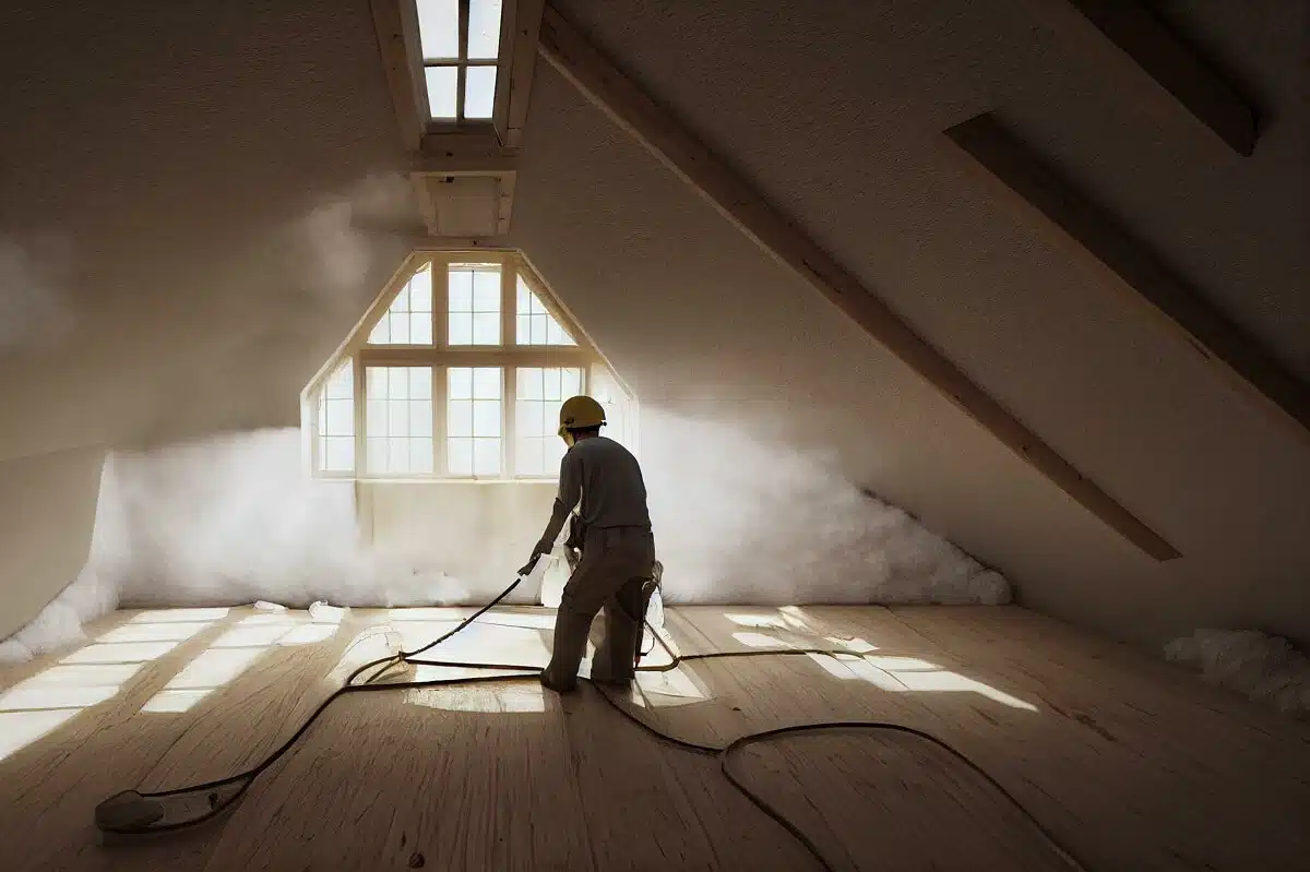 Spraying cellulose insulation in the attic of a house