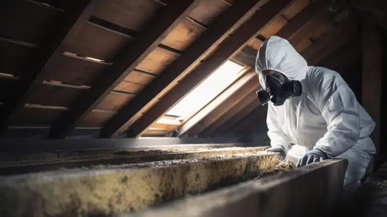 A technician cleaning mold in the attic space