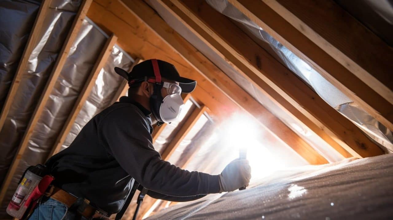 A technician installing a radiant barrier in the attic space
