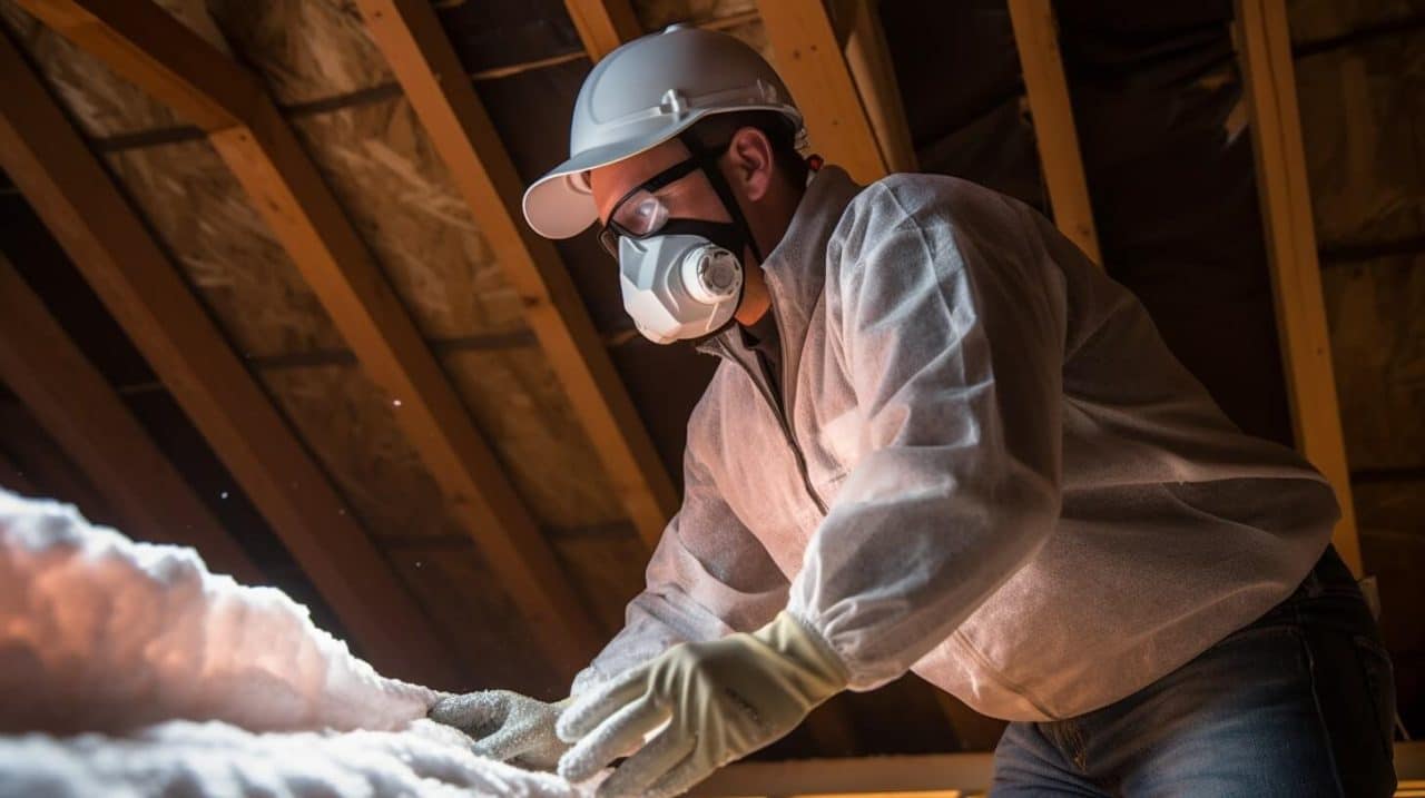 A technician installing fiberglass insulation in the attic space