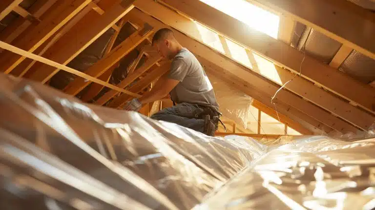 a man during the attic radiant barrier installation