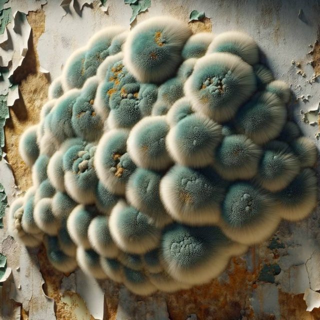 Penicillin mold growing on an old wallpapered wall