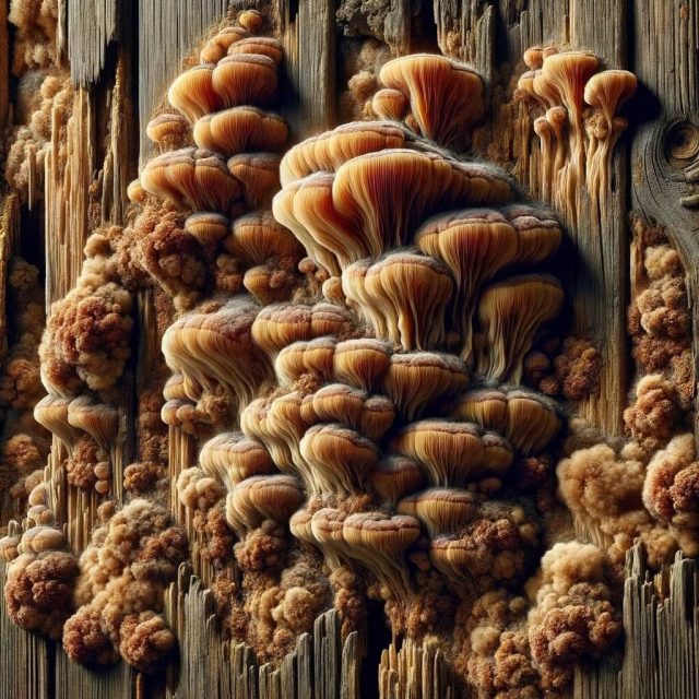 Serpula lacrymans mold growing on a wooden surface