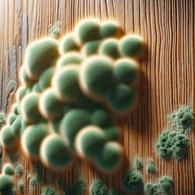 Trichoderma mold on a wooden surface